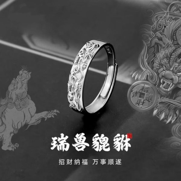 Elegant open-ended Feng Shui ring featuring the mythical Pi Xiu for financial abundance.