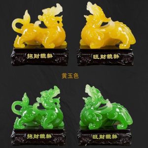 Exquisite green jade-finish Pi Xiu statue pair for wealth attraction and Feng Shui harmony.