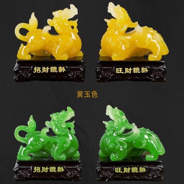 Exquisite green jade-finish Pi Xiu statue pair for wealth attraction and Feng Shui harmony.