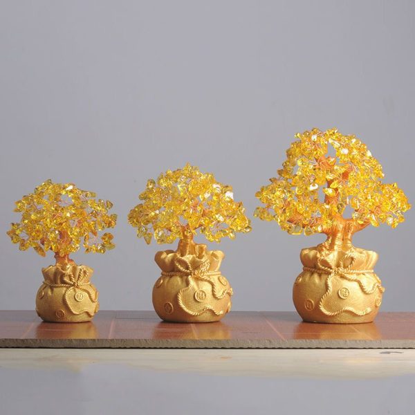 Handcrafted yellow citrine money tree for office desk, enhancing career luck and financial growth.
