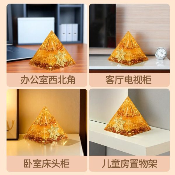 Handcrafted Feng Shui pyramid with citrine, enhancing positivity and focus in workspaces