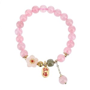 Delicate pink Rose Quartz beads with a Peach Blossom charm, radiating love-attracting energy