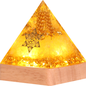 Golden Citrine Pyramid on glowing base – a powerful Feng Shui wealth magnet for home and office.