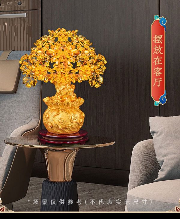 Golden citrine crystals shimmering on a handwoven money tree, symbolizing wealth and abundance in Feng Shui.