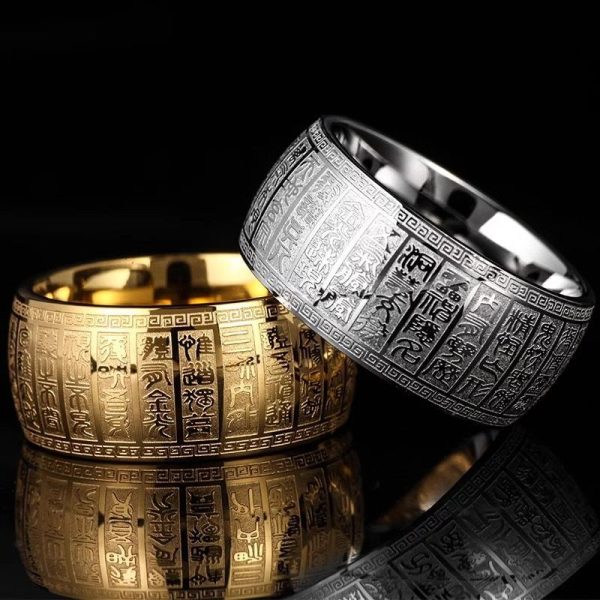 Close-up of the titanium steel ring engraved with intricate Daoist Golden Light Mantra script, radiating spiritual energy.