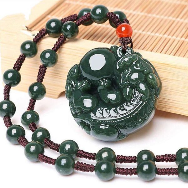 Handcrafted Pi Xiu pendant on an Agate and Obsidian bead chain for enhanced prosperity and security.